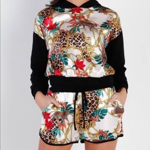 NEW Black & Ivory Satin Effect Animal Print Hooded Top And Short Set